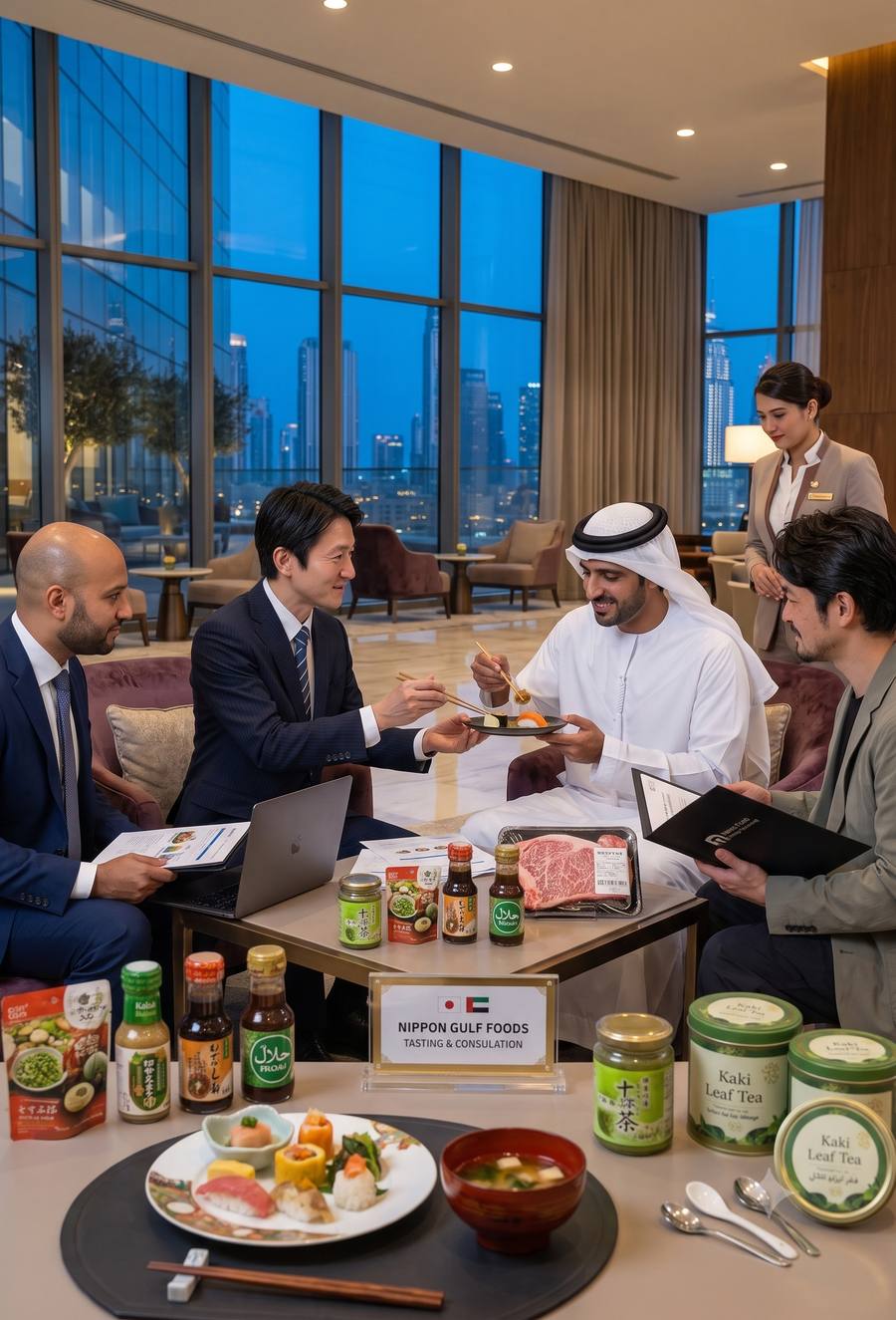 ドバイのラウンジでの日本食試食・商談の様子