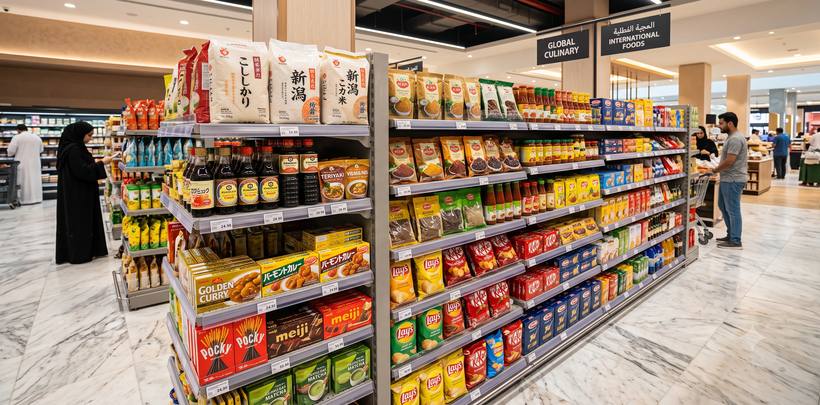 現地スーパーの国際食品売場に並ぶ多数の競合商品